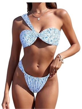 One-Shoulder Blue Floral Bikini Set medium
